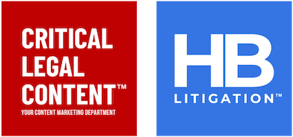 Two logos side by side with Critical Legal Content in a red square on the left and HB Litigation in blue on the right